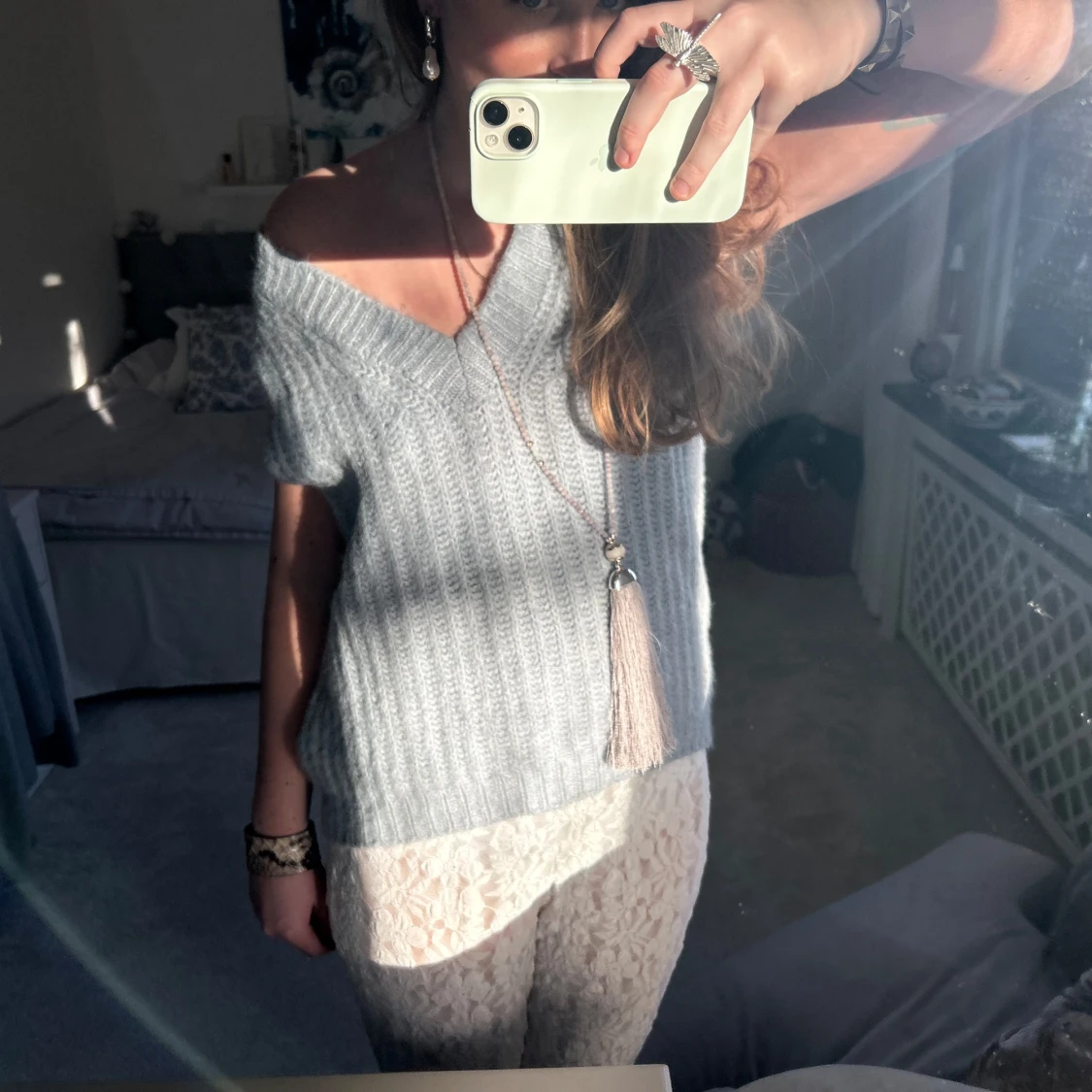 Grå ribbad offshoulder topp