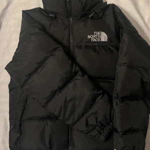 Svart dunjacka från The North Face - Säljer en svart dunjacka från The North Face. Jackan har en dragkedja framtill och en hög krage för extra värme. Perfekt för kyliga dagar med sin pufferdesign som håller dig varm och bekväm. Sminkfläckar längs kragen.