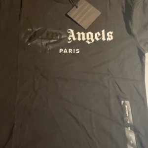 Svart t-shirt från Palm Angels - Snygg svart t-shirt från Palm Angels med texten 'Angels Paris' i vitt på framsidan. Tillverkad i mjukt bomullsmaterial för en bekväm passform. Perfekt för en stilren look.
