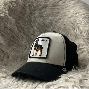 Svart och vit keps med hundmotiv - Snygg svart och vit keps med ett broderat hundmotiv och texten 'ALPHA' på framsidan. Kepsen har en klassisk design med nätmaterial på baksidan för bättre ventilation. Perfekt för en avslappnad stil.