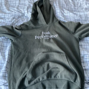 Grön hoodie från Peak Performance - Säljer en grön hoodie från Peak Performance med vit logga på bröstet. Den har en klassisk känguruficka och en bekväm huva. Perfekt för en avslappnad stil.