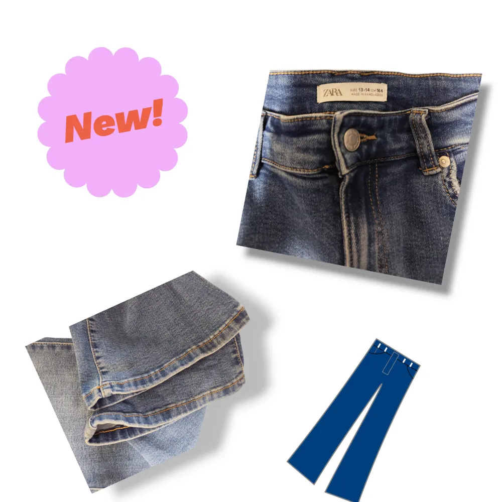 Snygga blå jeans, lite bootcut från Zara med praktiska fickor på sidorna. Byxorna har en klassisk jeanslook med en modern twist och är perfekta för en avslappnad stil. De har en bekväm passform och är tillverkade i ett slitstarkt material. Ser helt nya ut pga använda max 3 gånger. Inga defekter eller spår av användning. . Farkut & Housut.