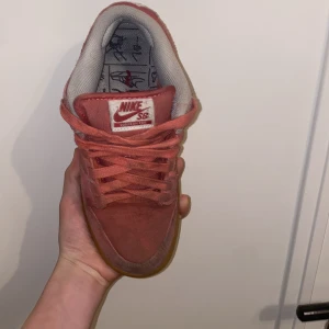 Nike SB Dunk i rosa - Säljer ett par Nike SB Dunk i en snygg rosa färg med snörning och en robust gummisula. Skorna har en unik design med Nike-logga på hälen och en bekväm passform. Perfekta för dig som gillar streetwear och vill ha något som sticker ut. Lite smutsiga i tån men går att fixa hos skomakare. Röd/rosa. Storlek 36,5. (Går inte att ändra storlek kategorin)