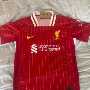 Röd Liverpool fotbollströja - Säljer en röd Liverpool fotbollströja från Nike med gula detaljer och klubbens emblem på bröstet. Tröjan har korta ärmar och ett randigt mönster. Spelarnamnet Alexander-Arnold och nummer 66 är tryckt på ryggen.