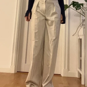 Beige vida kostymbyxor med hög midja - Snygga beige kostymbyxor från Hm med hög midja och vida ben. Lite för långa för mig så jag har bara använt dem någon gång. Jätte fina med inga defekter! Skriv om du har några fler frågor!
