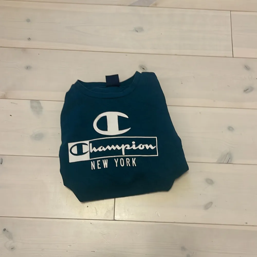 Säljer en snygg blå tröja från Champion med trycket 'New York' på framsidan. Tröjan har långa ärmar och är perfekt för en avslappnad stil. Den är i bra skick och passar perfekt för höst och vår. Perfekt för dig som vill ha en bekväm och stilren look!. Tröjor & Koftor.