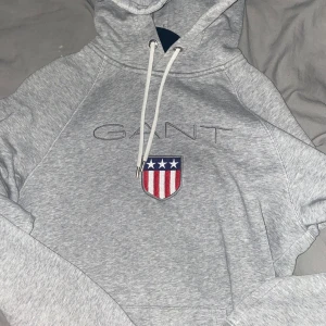 Grå hoodie från GANT - Säljer en stilren grå hoodie från GANT med broderad logga och ett emblem med stjärnor och ränder på bröstet. Tröjan har en justerbar huva med vita snören och långa ärmar. Perfekt för en avslappnad stil.