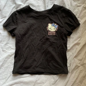 Svart Hello Kitty t-shirt från H&M - Säljer en svart t-shirt från H&M med ett gulligt Hello Kitty-tryck på framsidan. T-shirten är kortärmad och perfekt för alla Hello Kitty-fans. Tillverkad i mjukt material för bekväm användning.
