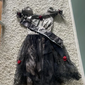 Halloween klänning med band som det står prom Queen på - Halloween klänning i storlek XS, den är i jätte bra skick och kommer även med ett band som man har över axlen och med runt magen. Denna säljer jag för 65kr + frakt.