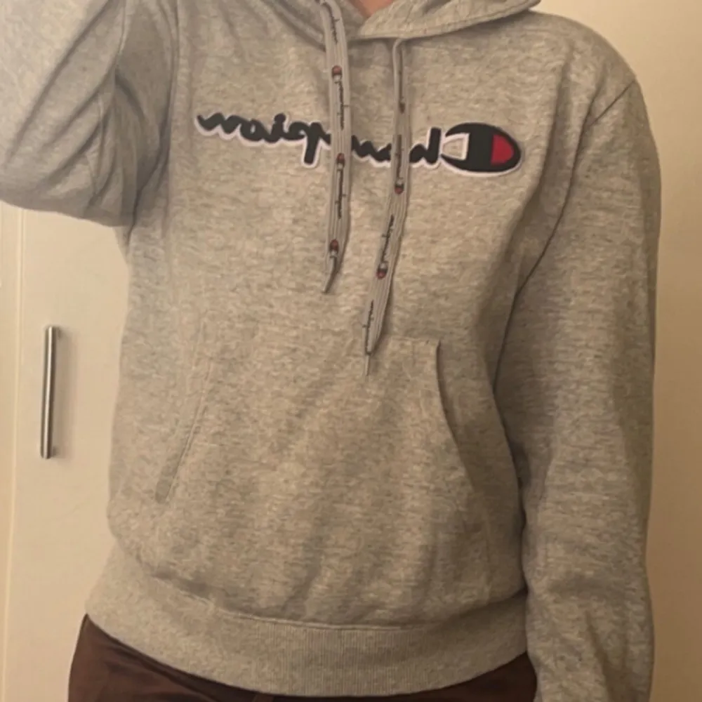 Champion hoodie med luva.  Lite färg endast på armen som ej går tas bort🤍.   . Hoodies.