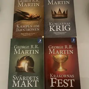 Säljer mina game of thrones böcker på svenska.  Böckerna 1, 2, 3, och 4 i serien.  Jag har aldrig läst dem, köpta begagnade olästa. Dvs dem är som nya.  Priset är för alla fyra tillsammans.  Köparen står för frakten.  Kan mötas upp i Eskilstuna. 