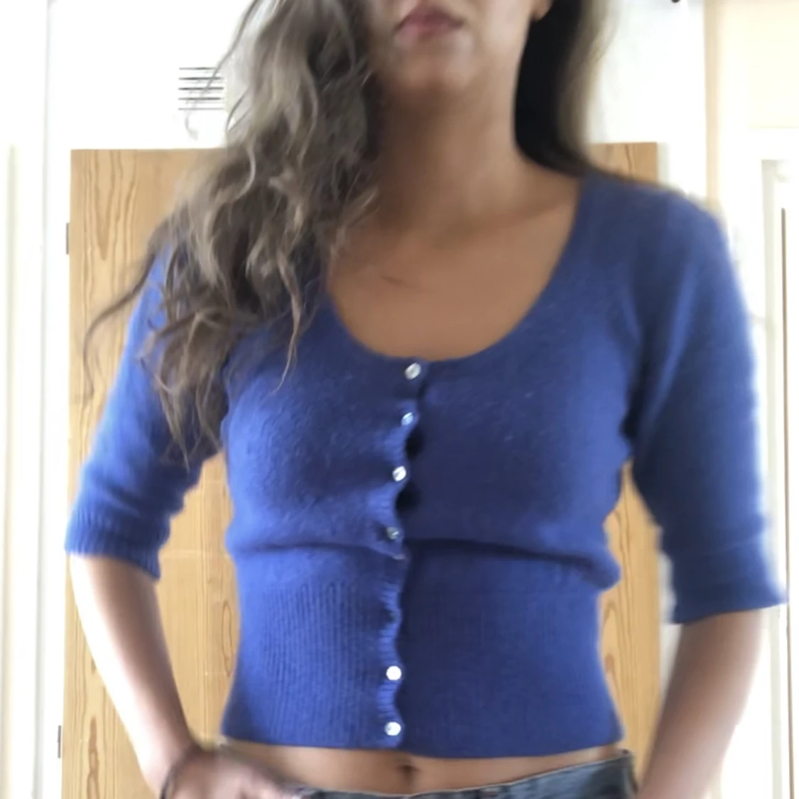 Blå stickad kofta - 90