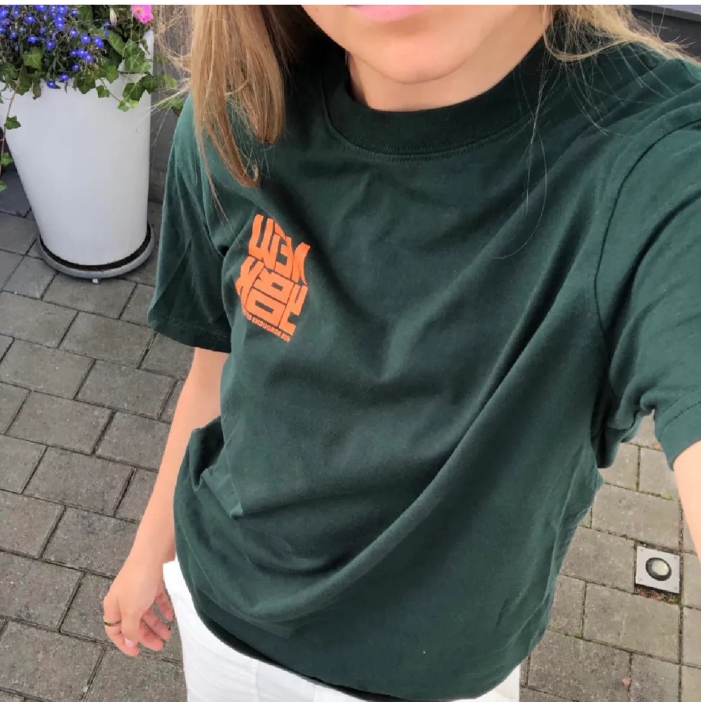 Mörkgrön t-shirt med orange tryck på ryggen från H&M, herrstorlek S, aldrig använd i skick 9/10.. T-paidat.
