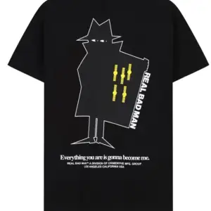 Svart t-shirt med coolt tryck från märket Real Bad Man. Storlek L, oversized look på mindre storlekar. Aldrig använd, endast testad