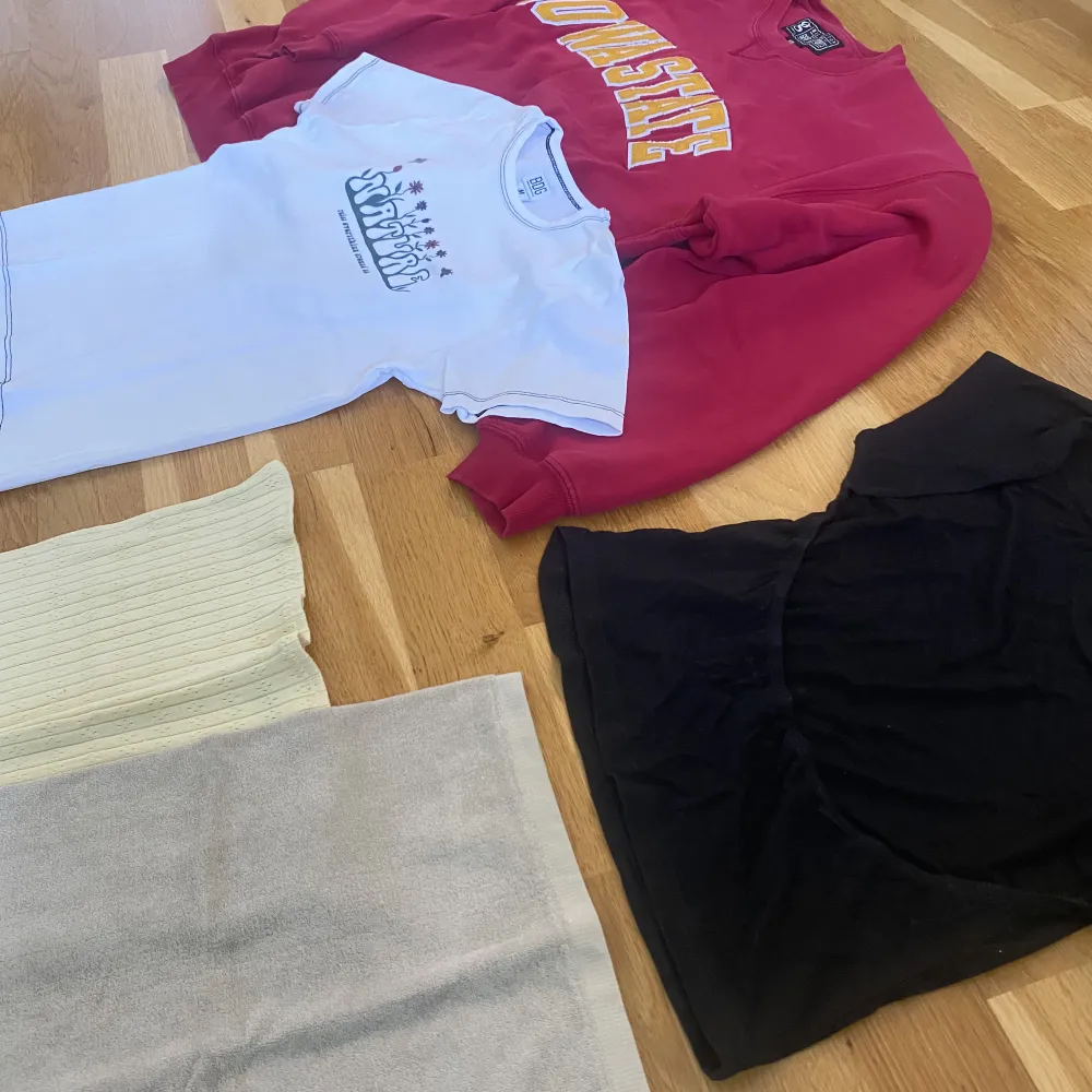 Klädpaket till någon med stl M (möjligtvis S också, kan skicka mått vid efterfrågan). 2 babytees, en från Urban och en från Gina (svart, öppen i rygg). En vintage sweatshirt köpt second hand i USA samt två tubtoppar, både i fint material från zara och P&B. T-shirts.