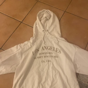 Vit hoodie  - En fin vit hoodie! Lite färg på ena ärmen men det kan nog gå bort vid tvätt, lite skrynklig men de kan gå bort! Vill gärna få bort snabbt, pris kan diskuteras,🫶🏼