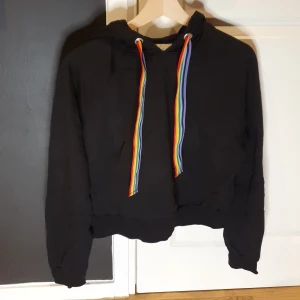 Croppad hoodtröja med regnbågssnöre - Snöret har blivit lite massakerat av kattklor, se sista bilden. 