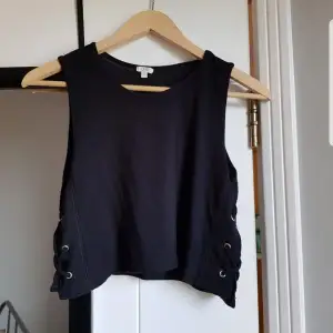 Svart croptop från OVS Italia, köpt på Capri. Storlek S, axelbredd: 29 cm, längd: 40 cm. 96% viscose, 4% elastane. Är i mycket bra skick och köptes för ca 300 kr.