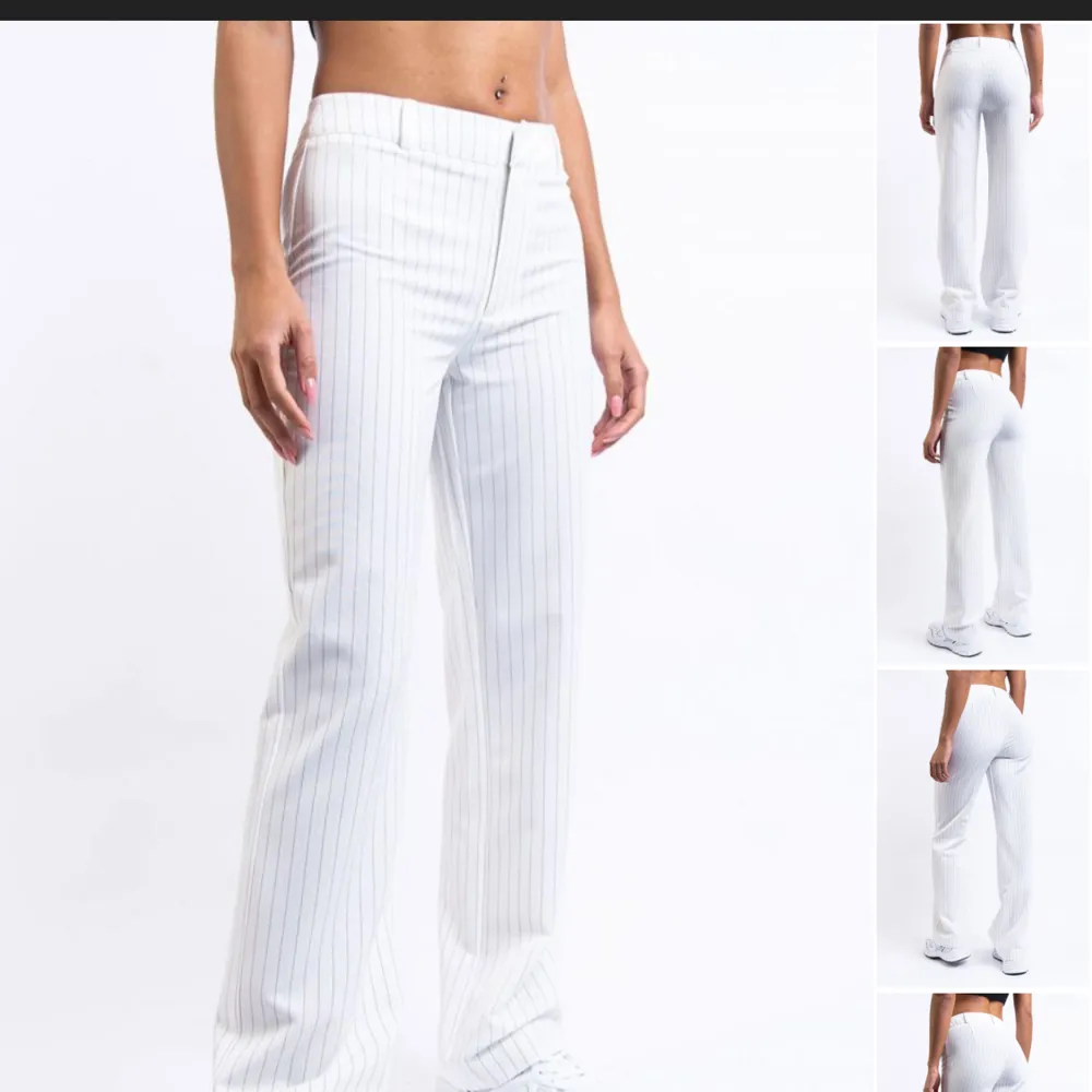 TAR BARA SWISH! Tryck inte på köp!!! Vita randiga kostymbyxor från madlady. Dom är jätte fina men tycker inte dom sitter så bra på mej. Använda kanske 3-5 gånger. Dom är mid/low waist🌟💕 . Jeans & Byxor.