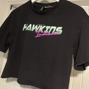 h&m’s collab med stranger things från några år sen! en fin croppad t-shirt med ”hawkins, indiana” text på :) i storlek XS men är oversized, så den skulle passa S också
