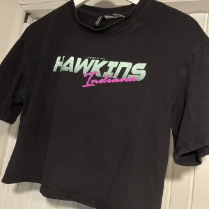 stranger things hawkins croppad t-shirt - h&m’s collab med stranger things från några år sen! en fin croppad t-shirt med ”hawkins, indiana” text på :) i storlek XS men är oversized, så den skulle passa S också