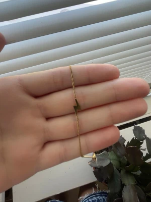 Guldigt halsband med blixtberlock - Snyggt halsband i guldton med en blixtformad berlock. Kedjan är tunn och minimalistisk, vilket gör att blixten verkligen står ut. Perfekt för dig som gillar enkla men coola smycken. Halsbandet har ett klassiskt lås och en liten rund detalj vid låset. Hela halsbandet är i äkta guld. 