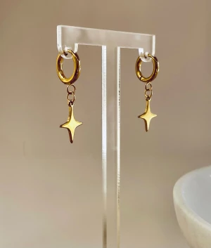 Guldiga örhängeni rostfritt stål med stjärnhänge - Snygga örhängen i guldfärgad stål med små ringar och hängande stjärnformade berlocker. Perfekta för dig som gillar trendiga accessoarer med en unik touch. Passar till många olika stilar och är lätta att matcha med andra smycken.