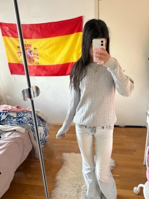 Ljusgrå ribbstickad tröja - Säljer en ljusgrå ribbstickad tröja med rund hals och långa ärmar. Tröjan har en enkel och stilren design som passar perfekt till jeans eller kjol. Materialet ser mjukt och bekvämt ut, perfekt för kyligare dagar.