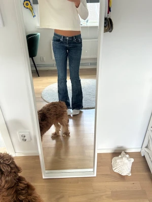 Blå bootcut jeans med låg midja - Säljer ett par blå bootcut jeans från Gina tricot. Säljes då de är förkorta för mig 