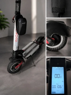 Elsparkcykel - Elektrisk sparkcykel med svart och silver ram, digital display, och robusta hjul. Utrustad med en svart förvaringsväska från FLJ, laddare och stöd. Perfekt för smidig transport i stan och har tydlig LCD-skärm för hastighet och batteri. Mycket bra batteri tid