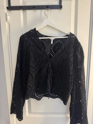 Svart blus med broderade detaljer - Säljer en svart blus med broderade hålmönster och snörning framtill. Blusen har lång ärm och är croppad med vågig kant nertill. Perfekt för dig som gillar unika detaljer och en luftig känsla.