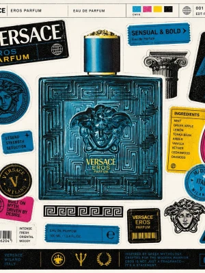 Versace Eros Eau de Parfum 100ml - Versace Eros Eau de Parfum kommer i en lyxig blå glasflaska med Medusa-huvudet i relief och gulddetaljer. Doften har inslag av mynta, grönt äpple, citron, tonkaböna, ambra och vanilj. Flaskan rymmer 100 ml och har en elegant, maskulin design inspirerad av grekisk mytologi.