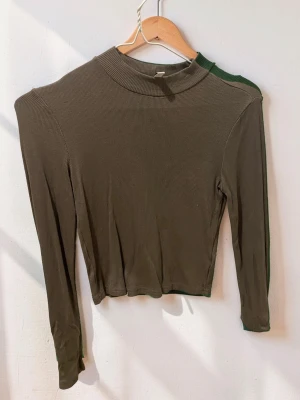 grön ribbad långärmad tio - Säljer en olivgrön ribbad polotopp med lång ärm och croppad passform. Toppen har en hög hals och är tillverkad i ett mjukt, stretchigt material som sitter snyggt på kroppen. Perfekt att styla med jeans eller kjol.