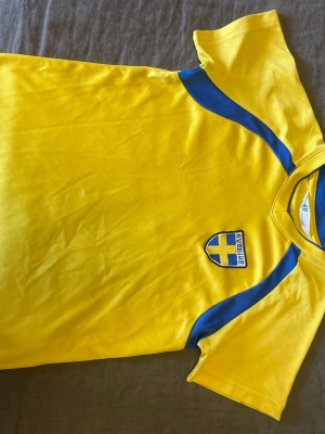 Barn stl. 110/116 Gul Sverige t-shirt från H&M - Gul  t-shirt från H&M med blå detaljer och Sverige-emblem . Fint kvalitet men det finns mörka fläckar på ena armen (syns på bilder)