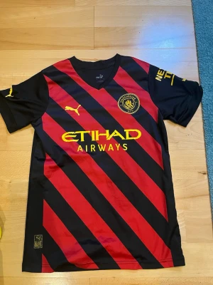 Manchester City bortatröja Haaland - Snygg Manchester City bortatröja från Puma med svarta och röda diagonala ränder, gula detaljer och klubbmärke på bröstet. Tryck med Haaland och nummer 9 på ryggen. Perfekt för fotbollsfans som vill sticka ut på match eller träning.