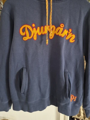 Blå Djurgården hoodie med brodyr - Mörkblå hoodie med gulröda broderade detaljer och texten 'Djurgårn' på bröstet. Har huva med gula snören, fickor framtill och Djurgårdens IF Hockey-föreningsmärke på ärmen. Perfekt för dig som vill visa ditt lagstöd på ett snyggt sätt.