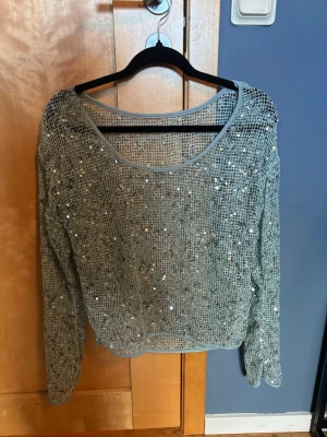 Glittrig mesh topp i silver - Säljer en glittrig mesh topp i silver med lång ärm och rund hals. Toppen är helt täckt av små paljetter och har ett transparent nätmönster som ger en cool och trendig look. Perfekt för dig som vill sticka ut och glänsa lite extra.