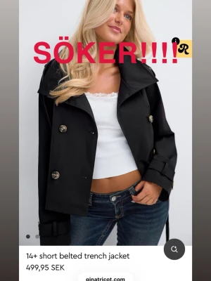 Svart trenchcoat - Gina  - Jag söker denna svarta trenchcoaten från Gina Tricot i storlek S, skriv on ni vill sälja.