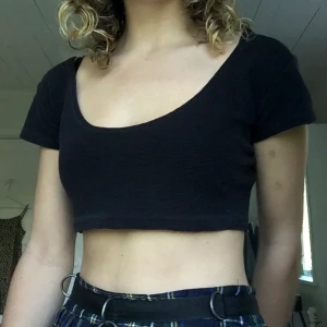 Kort svart t-shirt - Väldigt kort croppad tröja något randigt tyg (i texturen). Superfin till kjolar och höga byxor.