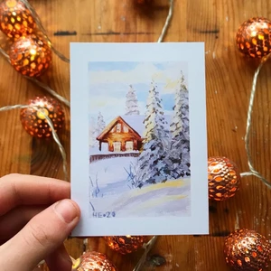 Julkort solig morgon - Julkort perfekt att skicka till sina vänner eller behålla för sig själv och sätta upp på väggen. Finns i två storlekar: A6: 80kr A7: 50kr. Orginalet är målat av mig och är inte till salu. 