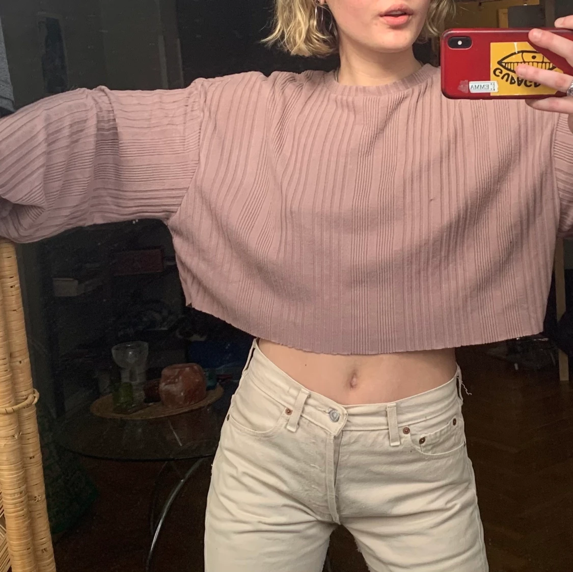 Oanvänd långärmad pastell lila/rosa croptop, strl S, 36 - 90