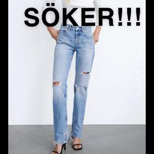 Söker dessa jeans från zara, modellen mid rise straight med slitning i storlek 38!!! Om ni säljer dessa i storlek 38 hör gärna av er🙏❤️