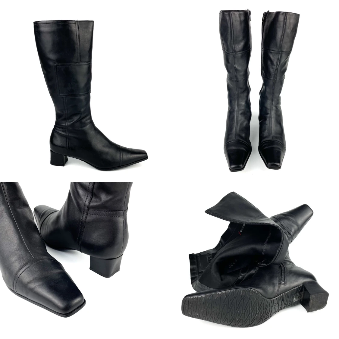 Vintage Y2K 90s 00s ECCO real leather narrow square toe block heel knee high boots in black size 41 EU - 91