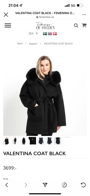 Valentina coat black - Säljer min Valentina coat i färgen svart som jag köpt på sidan femininaOfSweden förra året i september. Jackan är knappt använd o pälsen har bara legat hemma då jag tog av pälsen ganska tidigt på jackan innan jag använde den. Bild på köpet o jackan finns.