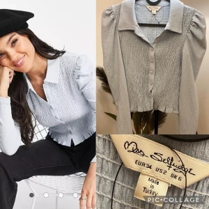 Blå blus med puff ärmar - Blå blus med knappar och puff ärmar 