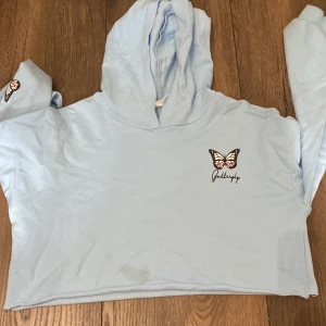 Magtröja  - En ljusblå tröja med fjärilar på en liten fläck längst ner på tröjan men syns inte när man har på den men bara för fläck n så sänker jag priset.