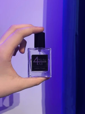 4Niche All Lemon Mango parfym - ca 15-17 ml kvar Fräsch parfym från 4Niche All med doft av Lemon Mango. Flaskan är rektangulär i genomskinligt glas med svart etikett och svart plastlock. Perfekt för dig som gillar fruktiga och fräscha dofter.