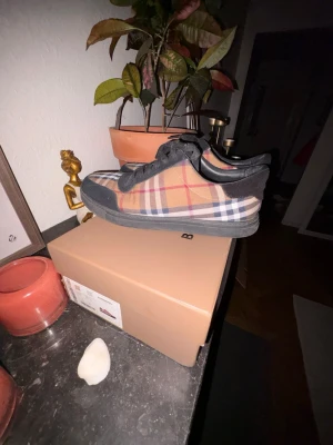 Burberry rutig sneaker med svarta detaljer - Säljer ett par Burberry sneakers med klassiskt beige, svart, vit och röd rutig design. Skorna har svarta snören, svart sula och svarta detaljer vid häl och tå. Insidan är svart med Burberry-logga. Tillverkade i textil och skinn för en lyxig känsla.