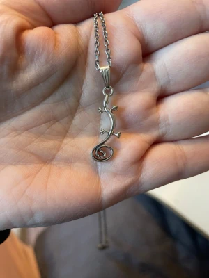 Silverfärgat halsband med ödla - Unikt halsband i silverfärg med ödla som hänge. Hänget har en stilren, slingrande form och små detaljer som tassar. Kedjan är tunn och matchar hängets metalliska look. Perfekt för dig som gillar djurmotiv och vill ha något annorlunda. Kedjan är rostfri och har ett mått på 55cm långt. 