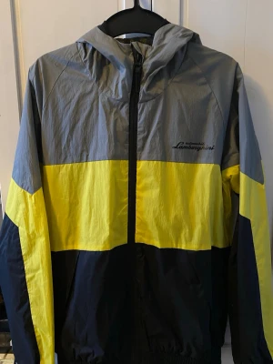 Flerfärgad vindjacka från Lamborghini - Snygg vindjacka från Lamborghini i grått, gult och svart med huva och dragkedja framtill. Jackan har sportig design med meshfoder och logga på bröstet. Tillverkad i lätt syntetmaterial som passar perfekt för blåsiga dagar.